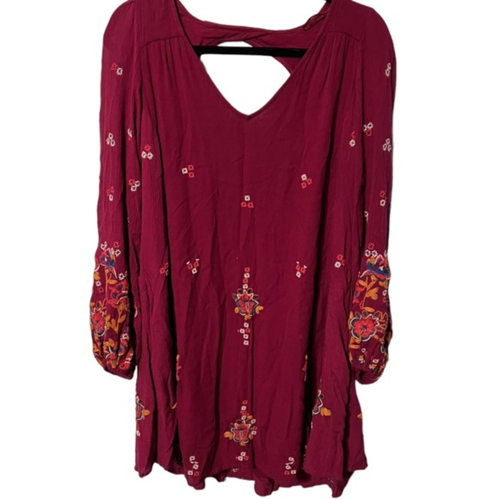 Free People Maroon Bell Sleeve Embroidered Dress Size Small